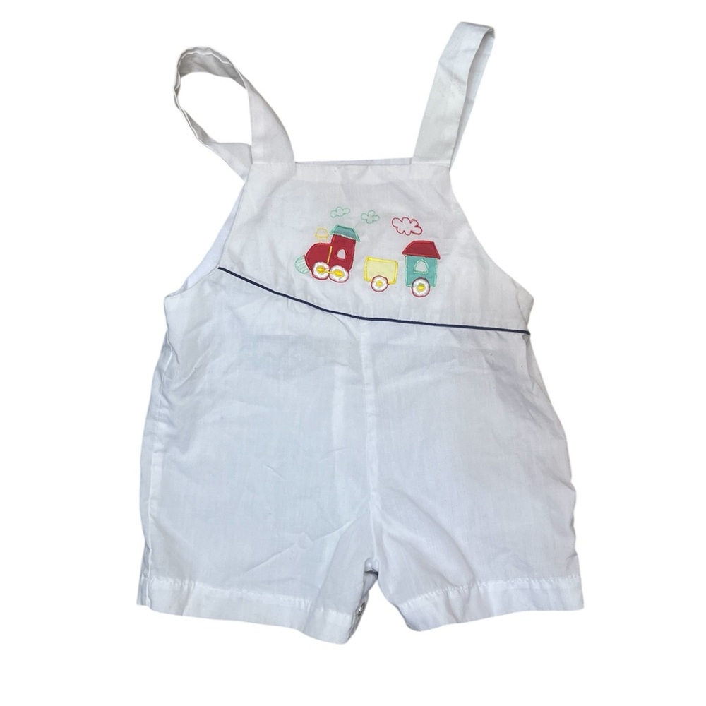 Vintage White Carolina Moon Overalls with Train Embroidery